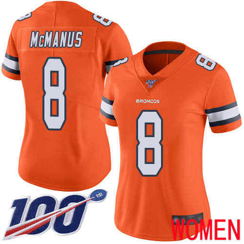 Women Denver Broncos #8 Brandon McManus Limited Orange Rush Vapor Untouchable 100th Season Football NFL Jersey